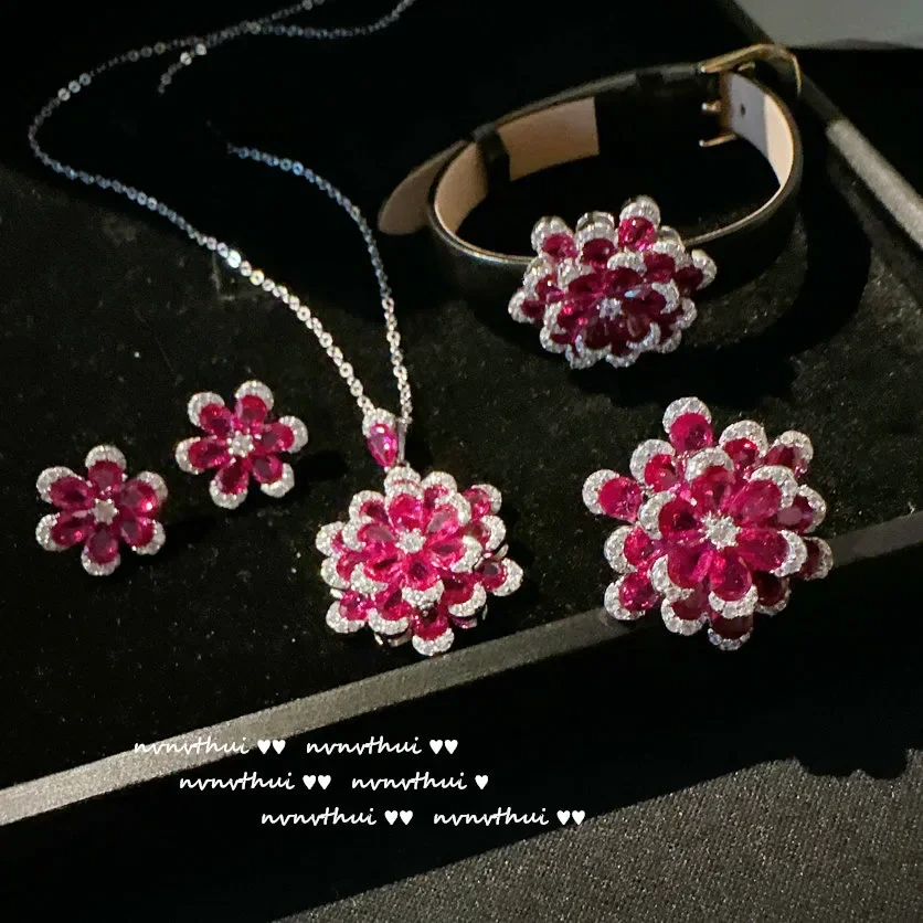 Delicate Red Zircon Flower jewelry set