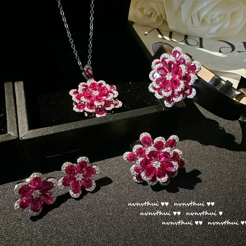 Delicate Red Zircon Flower jewelry set