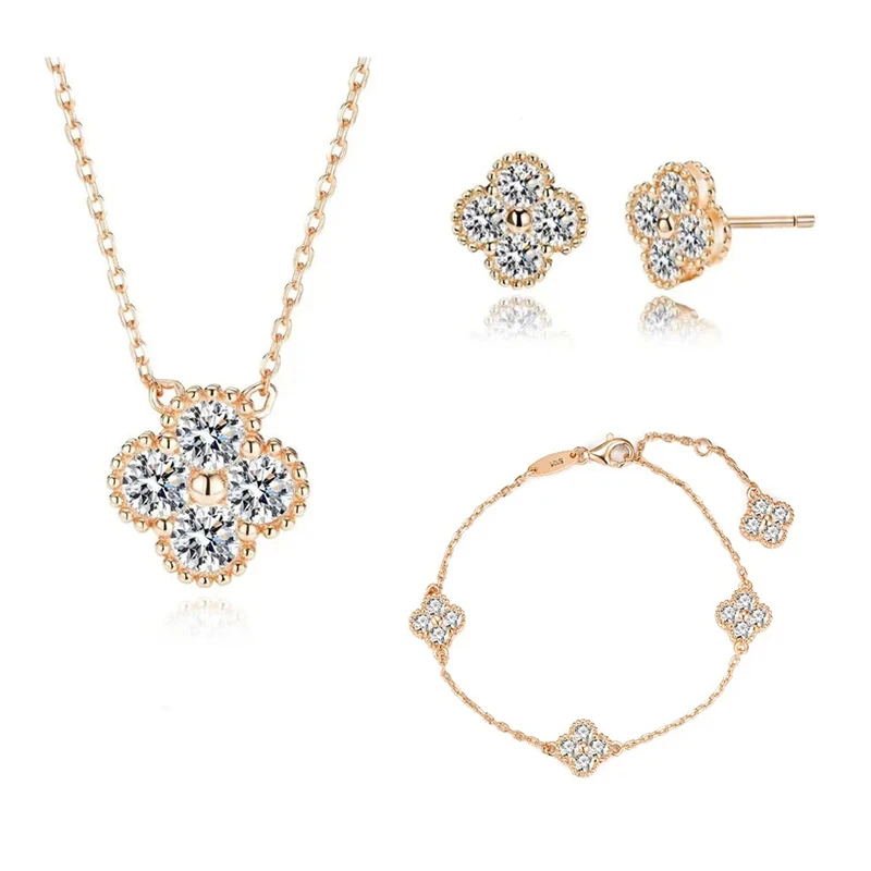 d Moissanite Clover Necklace, bracelet earring set