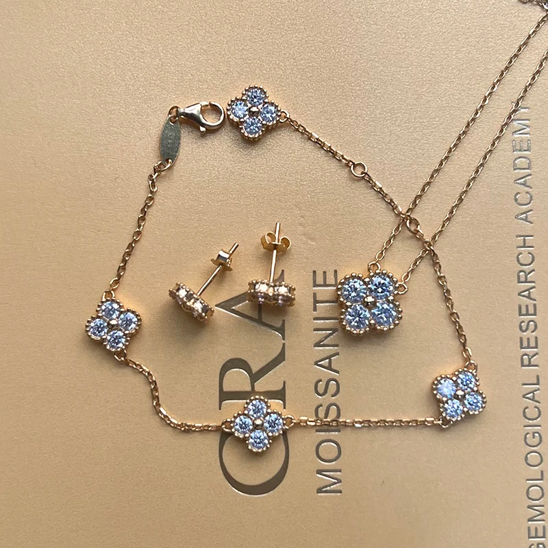 d Moissanite Clover Necklace, bracelet earring set